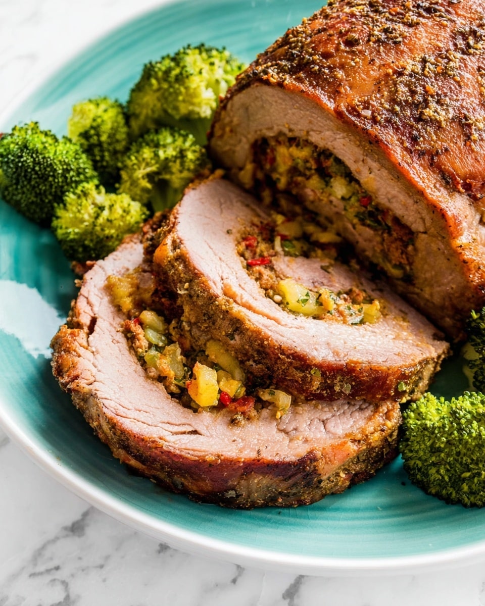 A white plate holds a thick slice of rolled meat roast that has three main layers: the outer layer is browned and textured with visible seasoning, the middle layer is a light pink, cooked meat, and the center is stuffed with a colorful mixture of diced vegetables and herbs in shades of yellow, green, and red. Next to the meat slice are bright green broccoli florets with a natural texture. The plate rests on a white marbled surface. photo taken with an iphone --ar 4:5 --v 7