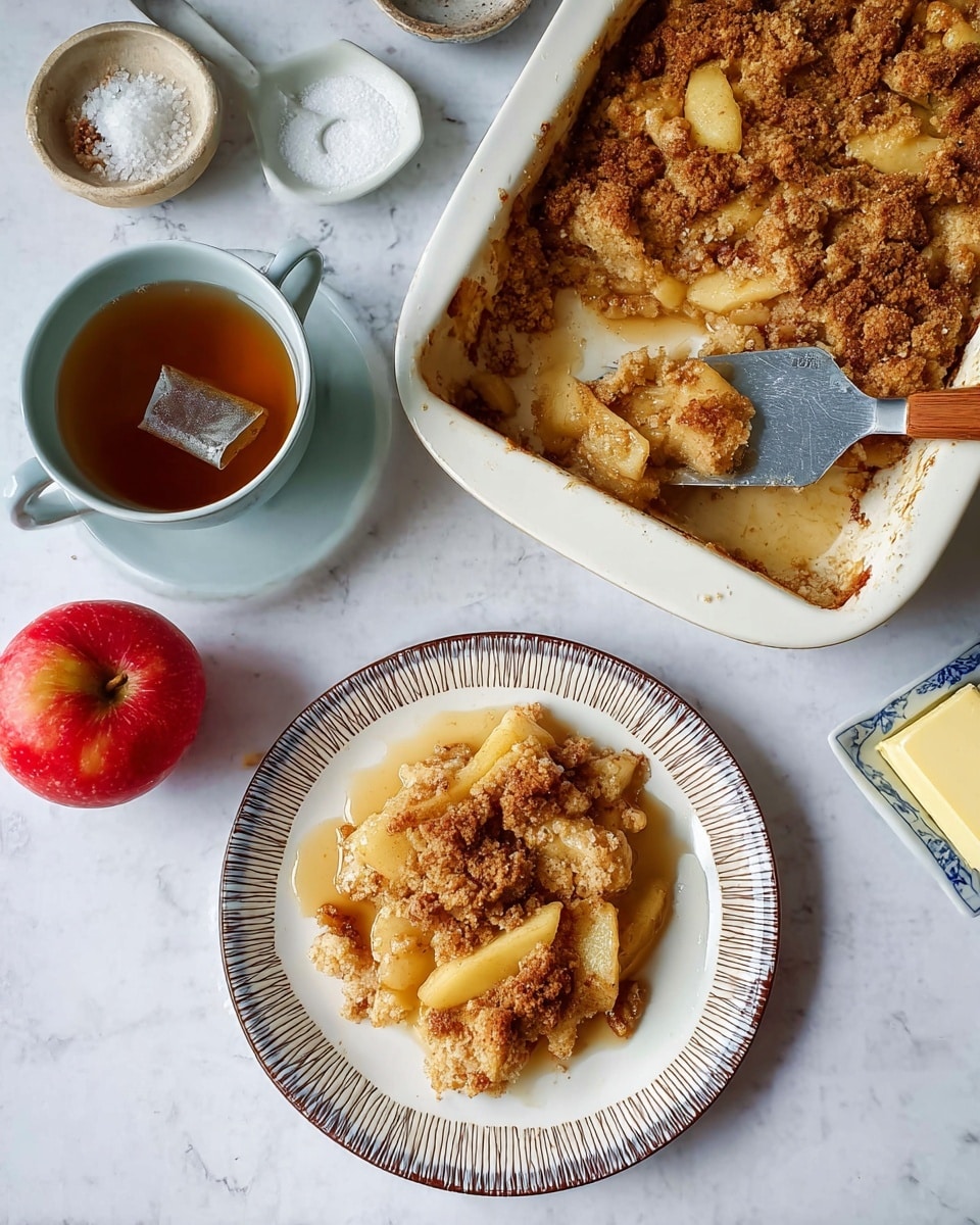 A white plate with three sets of parallel lines in blue and brown near the edge holds a portion of apple crumble. The crumble has a rough, crumbly golden brown topping scattered with small crumbs, and underneath are soft, chunky apple pieces in light yellow-green color. The crumble looks warm and slightly crispy on top. In the background, there is a pale blue cup with white writing and leaf designs, and a white bowl filled with red apples, all placed on a white marbled surface. photo taken with an iphone --ar 4:5 --v 7