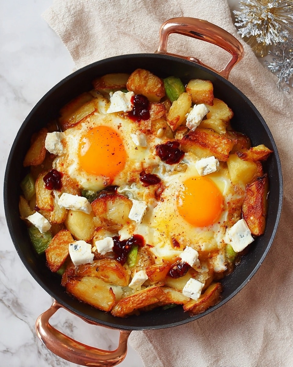 A round black pan holds a cooked dish with two bright yellow and orange sunny side up eggs placed near the center. Around the eggs, there are uneven, golden-brown crispy potato pieces with a soft texture inside. Small white rectangular slices of soft cheese are scattered around the potatoes. Dollops of dark red sauce add contrast on top of the eggs and potatoes. Bits of green vegetable are peeking through under the layers. The pan rests on a copper stand, and next to it is a light beige cloth on a white marbled surface. Photo taken with an iphone --ar 4:5 --v 7