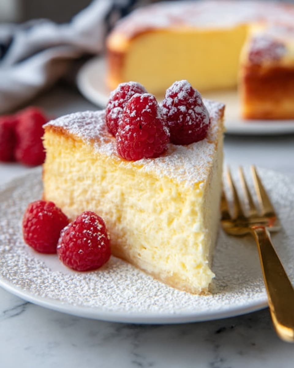 The image shows a close-up of a single slice of creamy cheesecake on a white plate. The cheesecake has two main layers: a light yellow, smooth, and thick layer of cheesecake filling on top of a pale golden crust at the bottom. The top of the cheesecake slice is lightly dusted with powdered sugar, giving it a soft white texture. On the top edge of the slice, there are three bright red raspberries arranged neatly. The plate is set on a white marbled surface, with a gold fork placed to the right of the plate. In the blurred background, there is a larger round cheesecake and a few more raspberries. Photo taken with an iphone --ar 4:5 --v 7