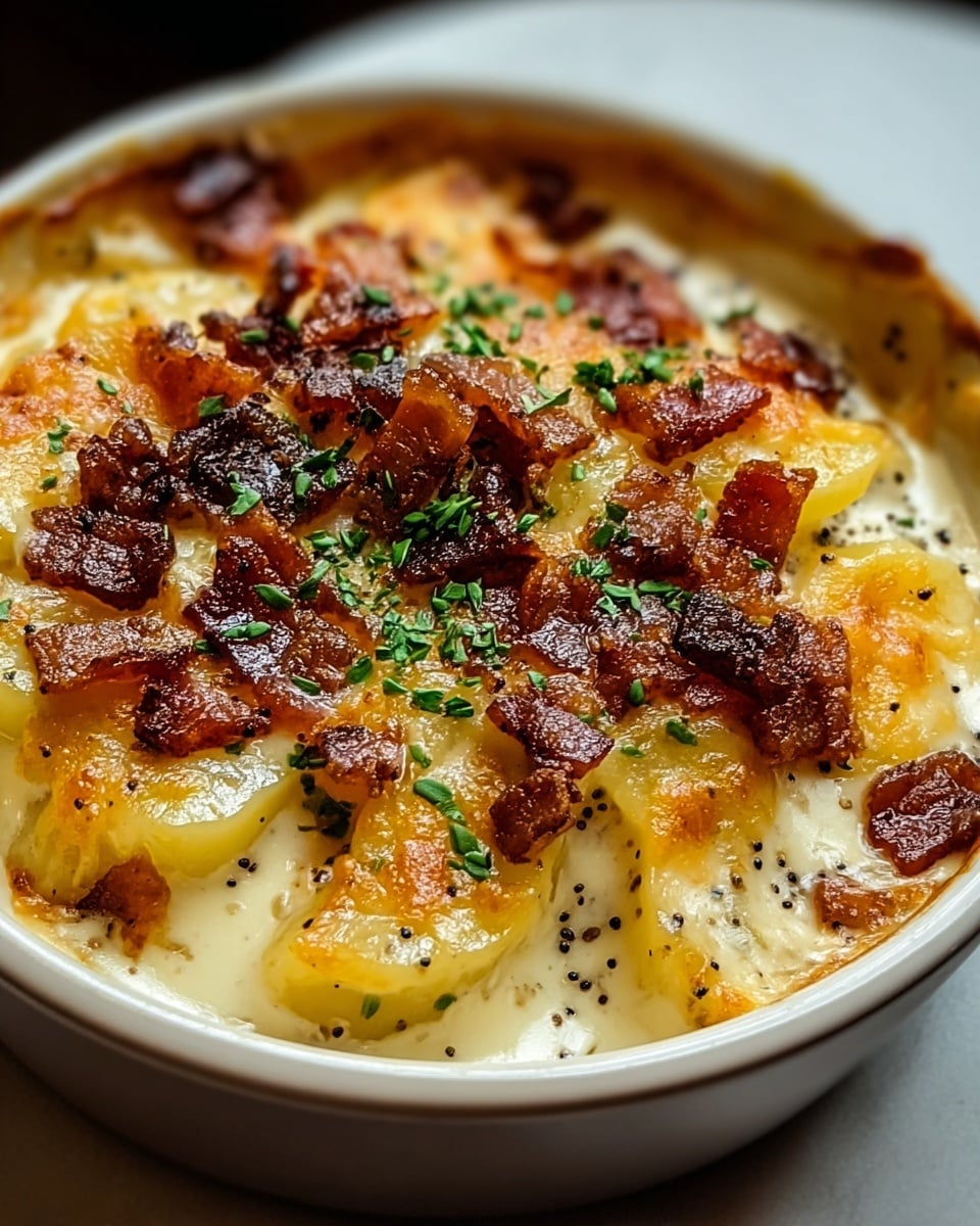 The image shows a close-up of a bowl filled with three main layers: soft yellow potato slices at the bottom, covered by a creamy white sauce layer dotted with black pepper, and topped with a golden-brown melted cheese layer mixed with crispy dark brown bacon pieces and small green herb sprinkles on top, creating a textured, rich surface. The bowl is white and sits on a white marbled textured surface. Photo taken with an iphone --ar 4:5 --v 7