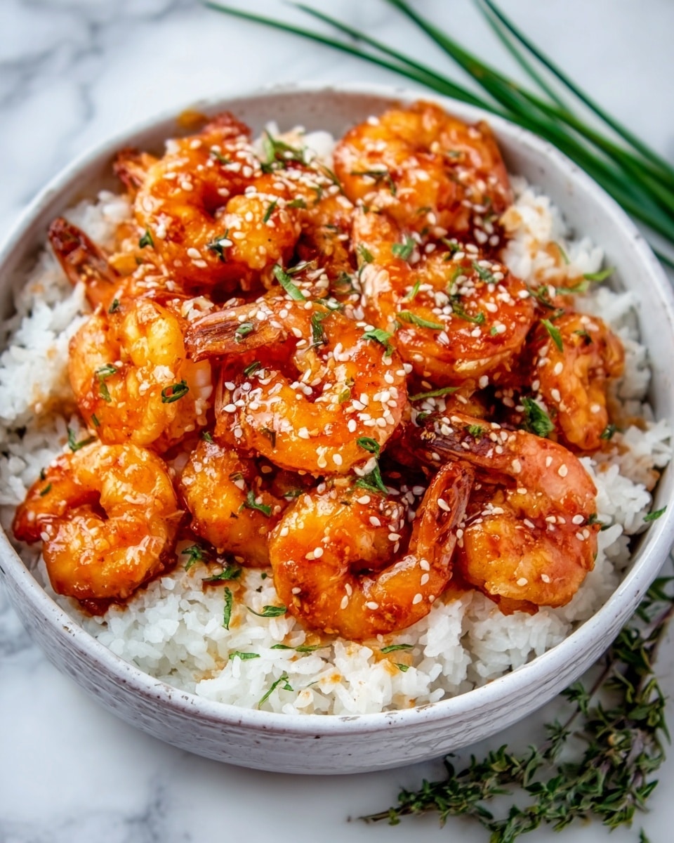 A white bowl filled with a layer of fluffy white rice at the bottom, topped with several bright orange shrimp coated in a glossy sauce. The shrimp are sprinkled with white sesame seeds and small green herbs, scattered evenly over the dish. The bowl sits on a white marbled surface, with a small bunch of fresh green chives resting nearby on the right side. The textures range from the soft rice to the slightly crispy shrimp shells covered in sticky sauce. Photo taken with an iphone --ar 4:5 --v 7