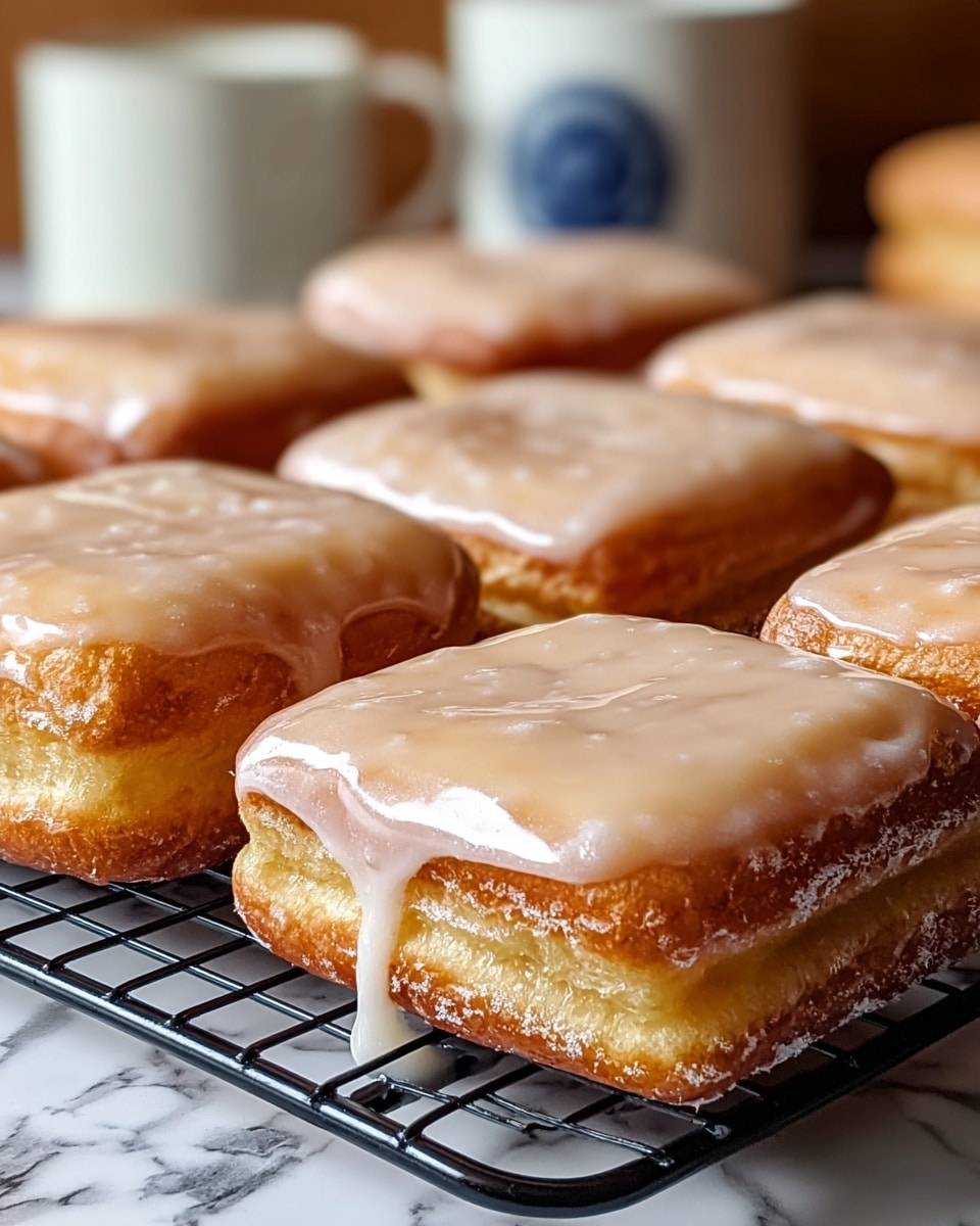 The image shows six square pastries arranged on a black wire rack, each with two layers of golden-brown dough that looks soft and slightly crispy on the edges. The top layer is covered with a smooth, shiny beige glaze that drips slightly down the sides, giving a wet and glossy texture. The background features a white marbled surface with blurred objects, including a white cup with a blue design. photo taken with an iphone --ar 4:5 --v 7