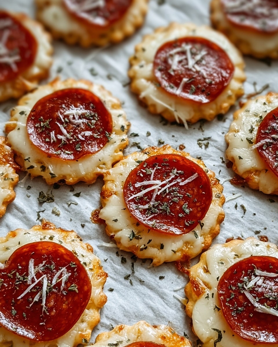 A close-up view of several small round crackers topped with melted white cheese forming the first layer, each cracker coated evenly with the cheese extending slightly past their edges. On top of the cheese, a single deep red pepperoni slice with a glossy texture is centered on each cracker. The pepperoni slices are sprinkled with finely grated white cheese and small green dried herb flakes scattered on top and around them. The snacks rest on a white parchment paper that covers a baking tray. The overall color contrast shows golden browned edges of the cheese, shiny red pepperoni, and the light color of the crackers beneath. photo taken with an iphone --ar 4:5 --v 7