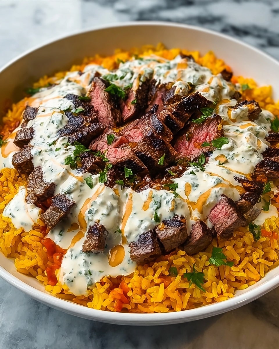 A white bowl sits on a white marbled surface filled with a vibrant layered dish. The base layer is a bright orange-yellow rice, fluffy and evenly spread. On top of the rice, there is a layer of medium-rare grilled steak slices arranged in a wide circle around the bowl’s edge, showing a juicy pink center with a charred dark brown crust. Over the steak lies a thick layer of creamy white sauce, dotted with green herbs, giving it a fresh look. Light orange sauce is drizzled artistically over the white sauce. Small green herb leaves are sprinkled on top for garnish. Photo taken with an iphone --ar 4:5 --v 7