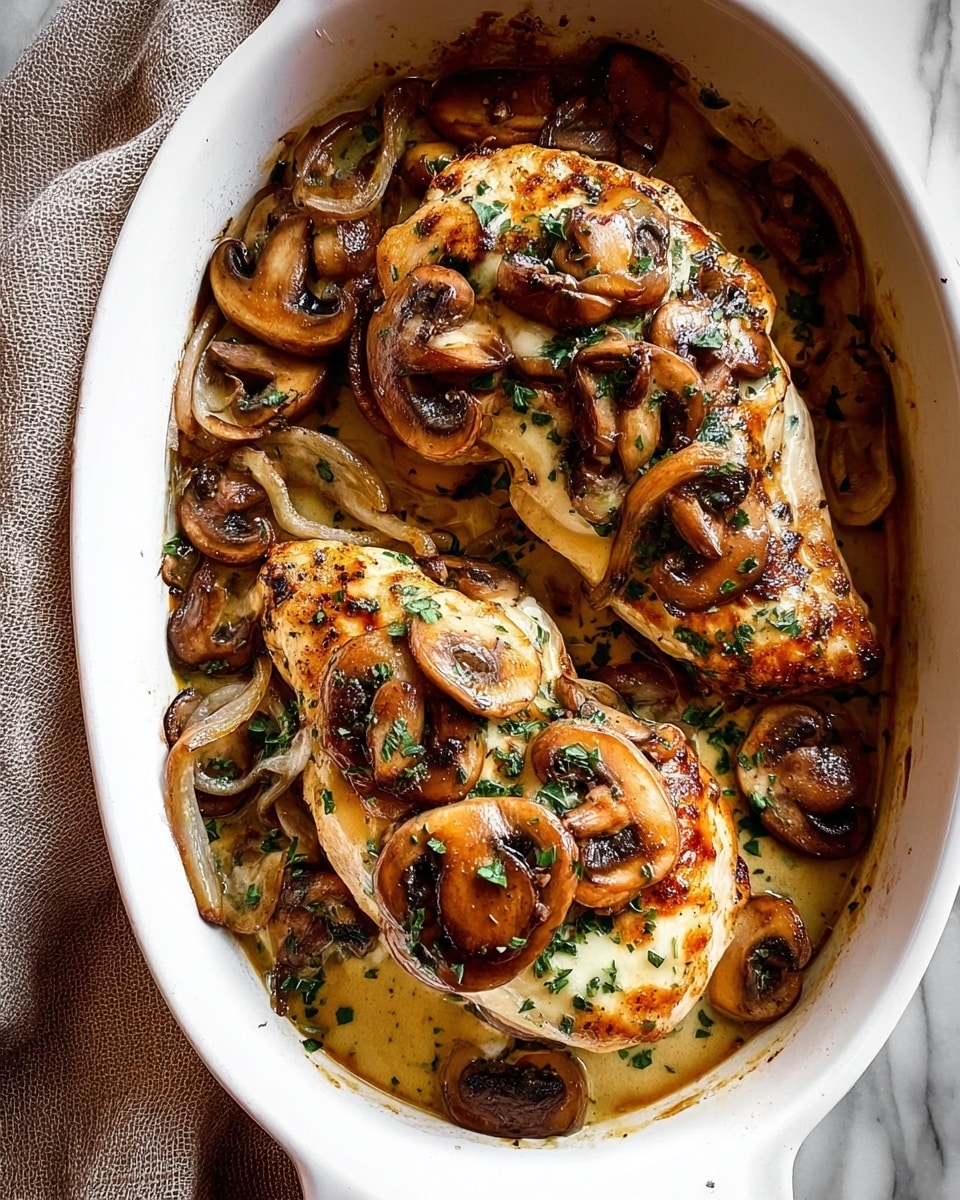 The dish shows a white baking dish filled with four browned chicken thighs as the top main layer, each with a crispy golden-brown skin. Below and around the chicken, there is a creamy sauce with a pale beige color. Scattered on top and around the chicken are slices of cooked mushrooms in various shades of brown, with a soft texture. Small green herb pieces are sprinkled over everything, adding touches of color. The dish sits on a white marbled surface, and a gray patterned cloth is partially visible at the side. photo taken with an iphone --ar 4:5 --v 7