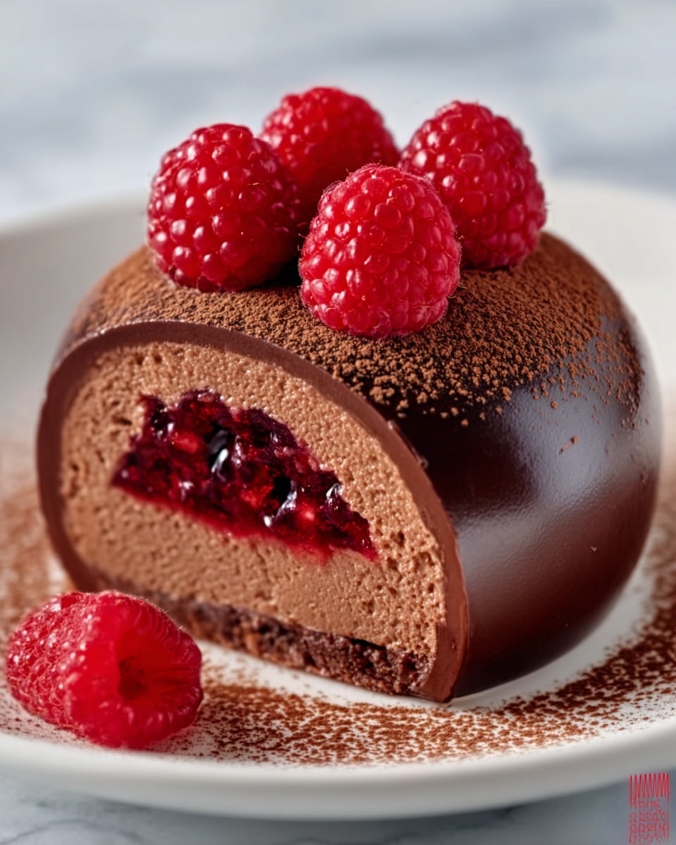 The image shows a round chocolate dessert with a smooth, shiny, dark brown outer layer dusted lightly with cocoa powder. Inside, there are two layers: a lighter brown mousse layer surrounding a bright red berry filling in the center, which looks juicy and fresh. On top of the dessert, several fresh red raspberries are placed, adding a pop of color. The dessert sits on a white plate, placed on a white marbled surface. Photo taken with an iphone --ar 4:5 --v 7