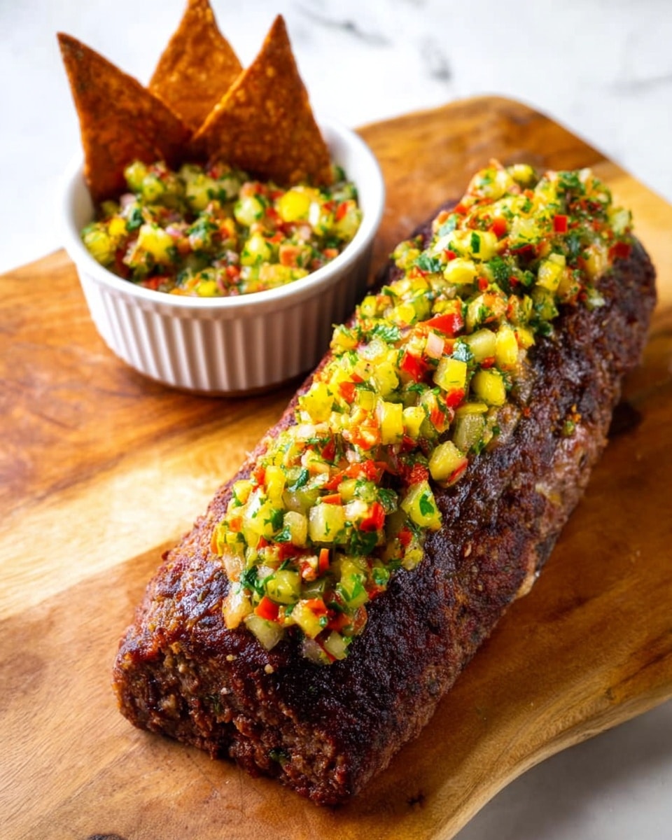 A long, dark brown roasted meatloaf with a slightly crispy texture on the outside sits on a wooden board. It is topped with a chunky, colorful mixture of finely chopped yellow, green, red, and white vegetables and herbs that cover the middle top section. Behind the meatloaf, there is a small white bowl filled with the same chunky vegetable mixture and two large, triangular brown chips sticking out from it. The entire scene is set against a white marbled background. photo taken with an iphone --ar 4:5 --v 7