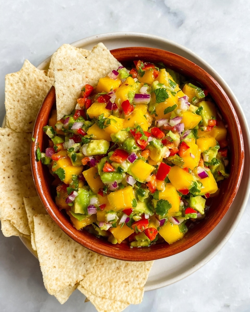 A bowl filled with a colorful salsa made of diced yellow mango, green avocado, red bell pepper, finely chopped red onion, and small pieces of green cilantro, all mixed together creating a bright and fresh look. The bowl is terracotta and it sits on a white plate, with a few white tortilla chips placed on the plate near the bowl. One of the chips is dipped slightly into the salsa, sticking out on the left side. The background is a white marbled surface. photo taken with an iphone --ar 4:5 --v 7