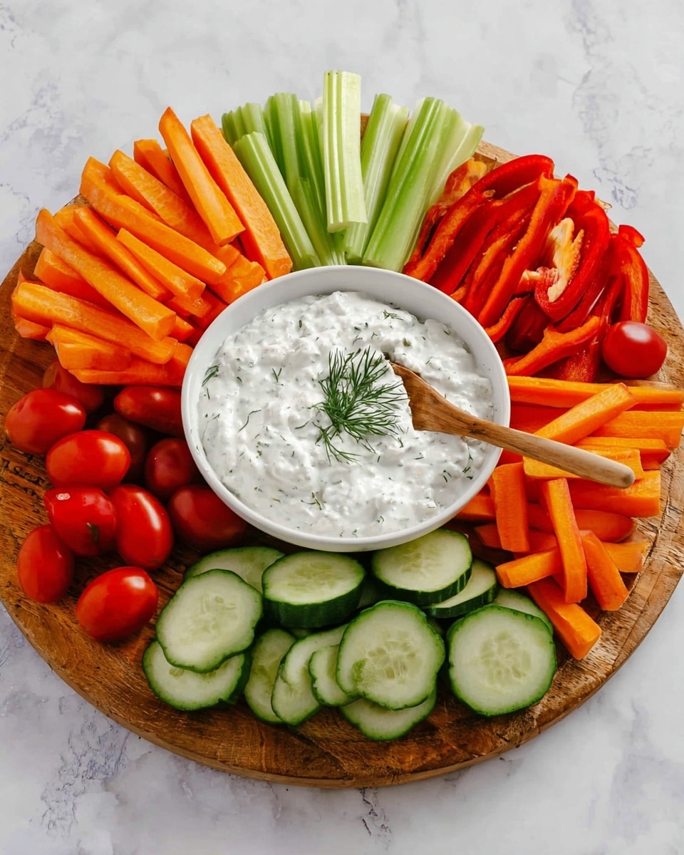 A white bowl filled with creamy white dip topped with small green herb pieces, with one green celery stick dipped inside. Surrounding the bowl there are layers of sliced bright orange carrot sticks standing upright, green cucumber slices with dark green edges, more celery sticks, and bright red cherry tomatoes scattered in the background. All of this is set on a white marbled surface. photo taken with an iphone --ar 4:5 --v 7