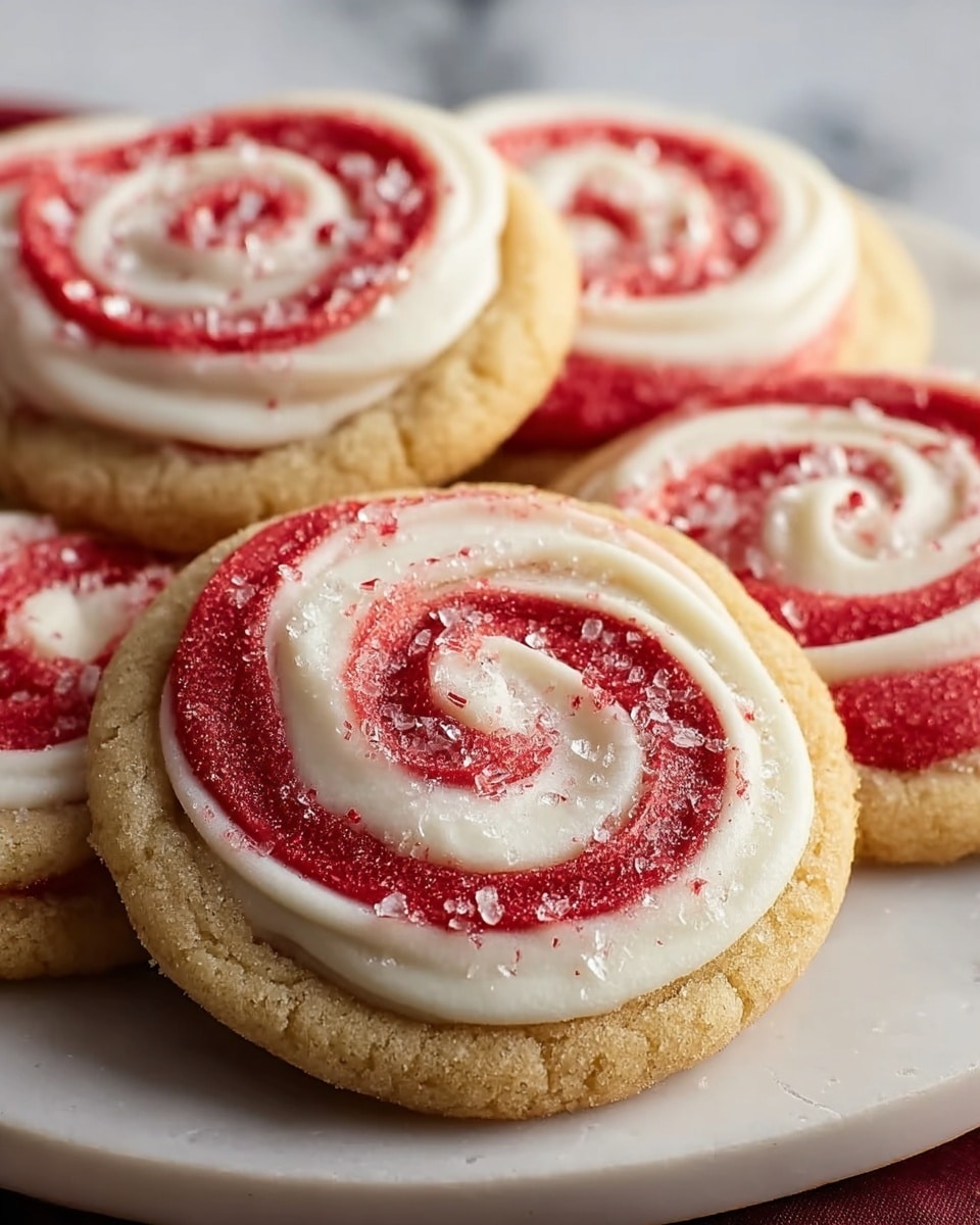 This image shows soft, round cookies with thick swirls of white and red frosting on top. Each cookie has one layer of golden-baked dough that looks crumbly and soft. On top of the dough is a smooth, creamy swirl made of two alternating colors: a bright red and a clean white, twisted together in a spiral pattern. The frosting is sprinkled with coarse sugar crystals that sparkle in the light. The cookies sit on a round, white plate, and the background shows a white marbled texture. photo taken with an iphone --ar 4:5 --v 7