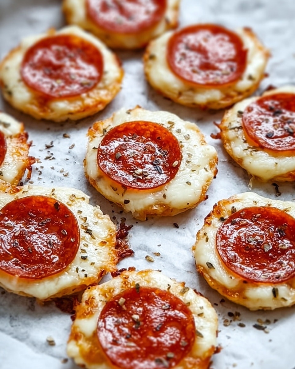 The image shows multiple small round snacks on white baking paper, each with two layers: the bottom layer is melted cheese, golden and slightly crispy on the edges, soft and creamy in the center; the top layer is a single round slice of pepperoni, glossy and reddish with tiny orange oil spots, sprinkled with black specks of seasoning. The snacks are placed close to each other in an uneven pattern. The whole scene is set on a white marbled texture. Photo taken with an iphone --ar 4:5 --v 7