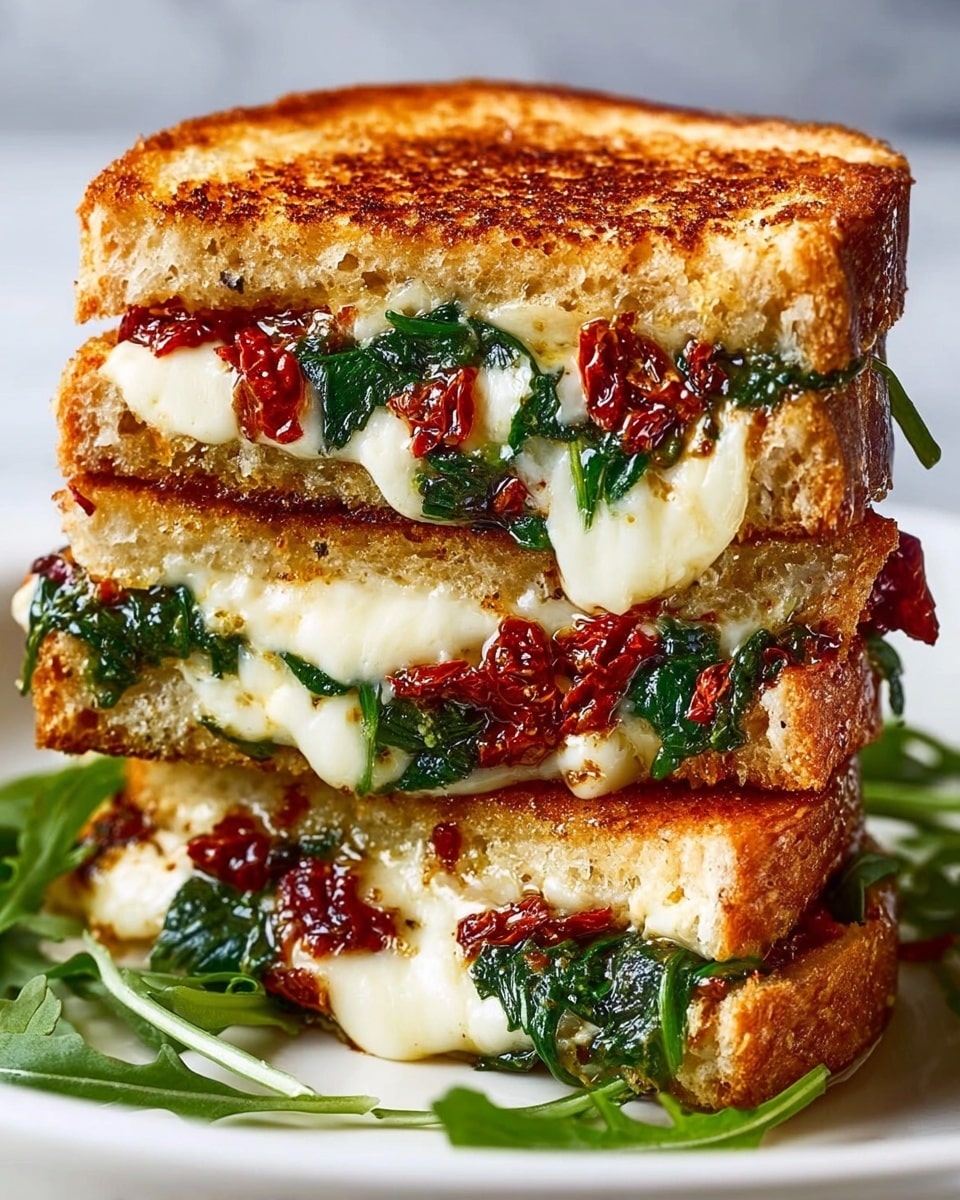 A close-up of a grilled sandwich stacked three layers high, each layer showing golden-brown toasted bread with a crisp texture on the outside. Inside each layer there is melted white cheese stretching slightly, mixed with dark green wilted spinach and bright red sun-dried tomatoes scattered throughout, adding rich color and texture contrast. The sandwich is set on a white plate with some fresh green arugula peeking at the bottom, all placed on a white marbled surface. photo taken with an iphone --ar 4:5 --v 7