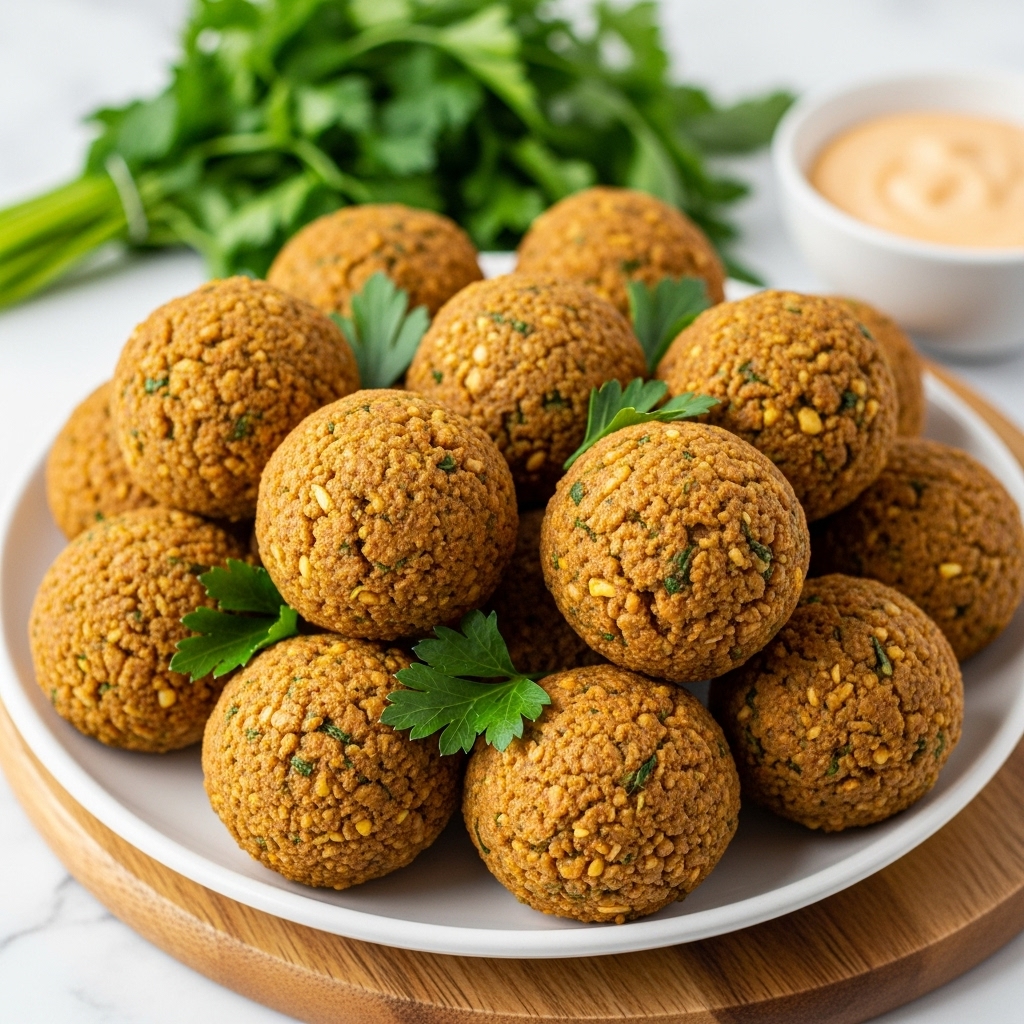 A white plate filled with a pile of golden-brown falafel balls with a mostly round, slightly uneven shape, showing bits of green herbs and small white pieces inside. The falafel balls have a crispy, textured surface, and are garnished with small pieces of chopped green parsley. Behind the plate is a bunch of fresh green parsley, and a small glass bowl with orange sauce is partly visible to the side. The plate sits on a wooden round board, all placed on a white marbled surface. photo taken with an iphone --ar 4:5 --v 7