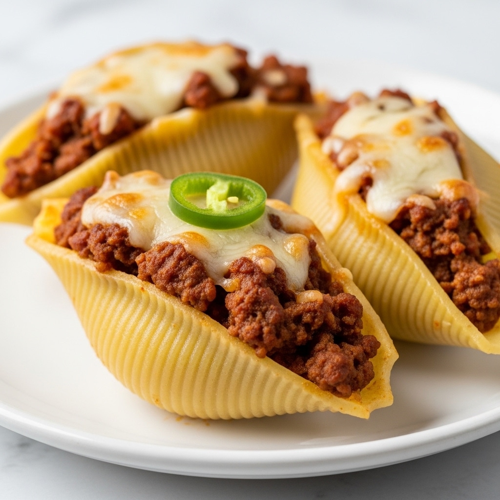 The image shows three large pasta shells placed on a white plate with a white marbled texture surface in the background. Each shell is stuffed with a textured ground meat mixture that is brown with a slightly reddish sauce coating it. On top, there is melted cheese that looks golden and bubbly. One of the pasta shells has a single piece of green sliced pepper as garnish, adding a small pop of color. The shells are arranged closely but not touching, and the focus is sharp on the front shell while the background shells are softly blurred. photo taken with an iphone --ar 4:5 --v 7