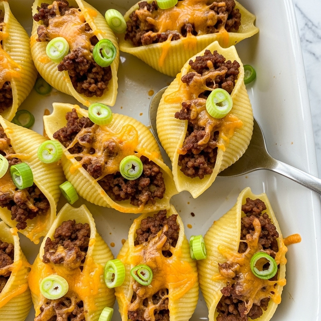 A white baking dish holds several pasta shells filled with a mix of browned ground meat and melted shredded cheese, creating textured dark and golden brown layers inside each shell. The shells are pale yellow with a slightly ridged texture, and the cheese melts around the meat, forming a slightly crispy top layer. Bright green round slices of scallions are scattered on top, adding a fresh pop of color. A metal spoon lifts one shell, showing the dense filling inside. The background is a white marbled texture. photo taken with an iphone --ar 4:5 --v 7