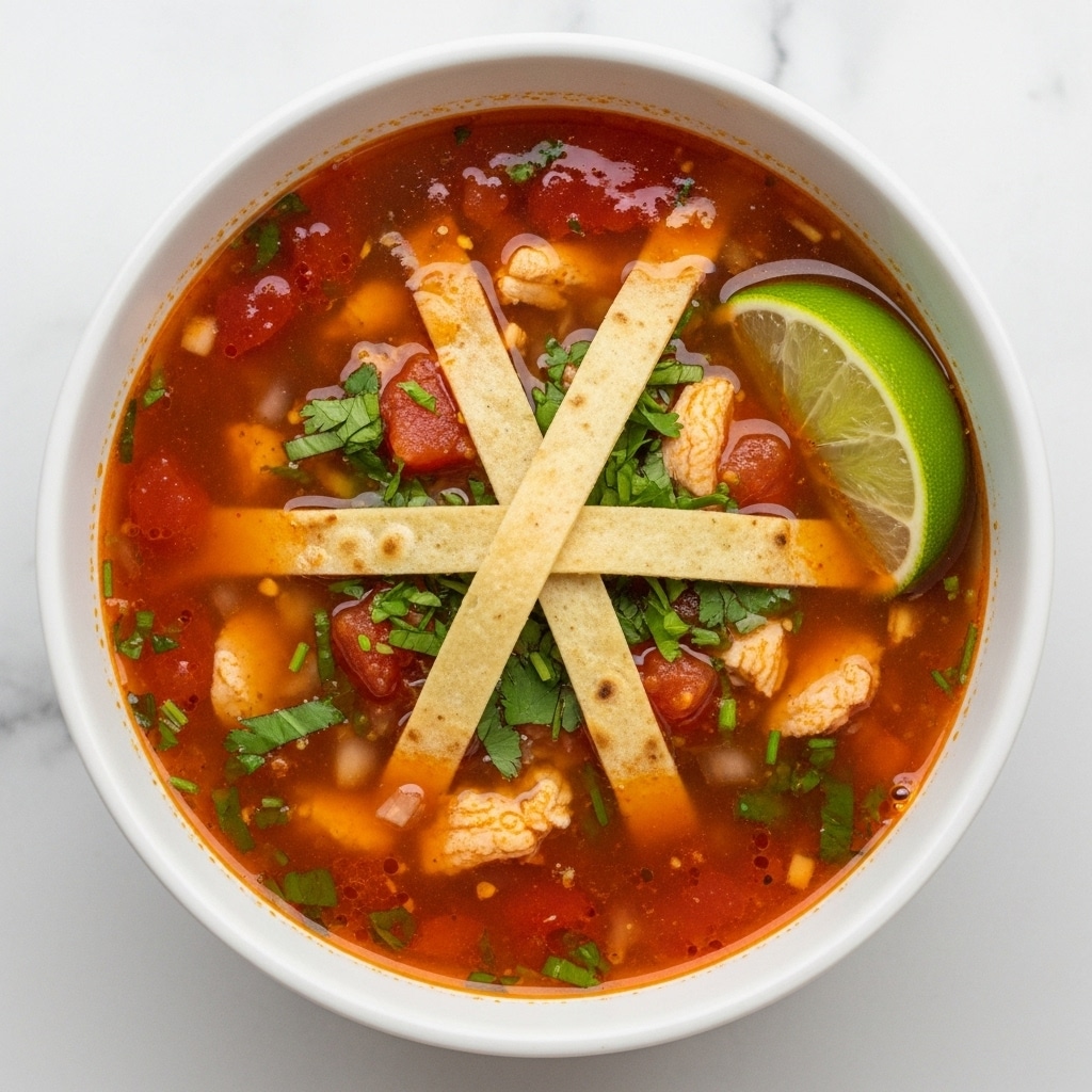 A bowl of red, clear broth soup filled with small pieces of white chicken meat and bits of tomato and herbs, topped with three light tan, toasted tortilla strips placed crisscross in the center, and a bright green lime wedge resting on the right edge of the bowl. The soup is garnished with chopped green herbs scattered on the surface. The bowl is white and sits on a white marbled surface. Photo taken with an iphone --ar 4:5 --v 7