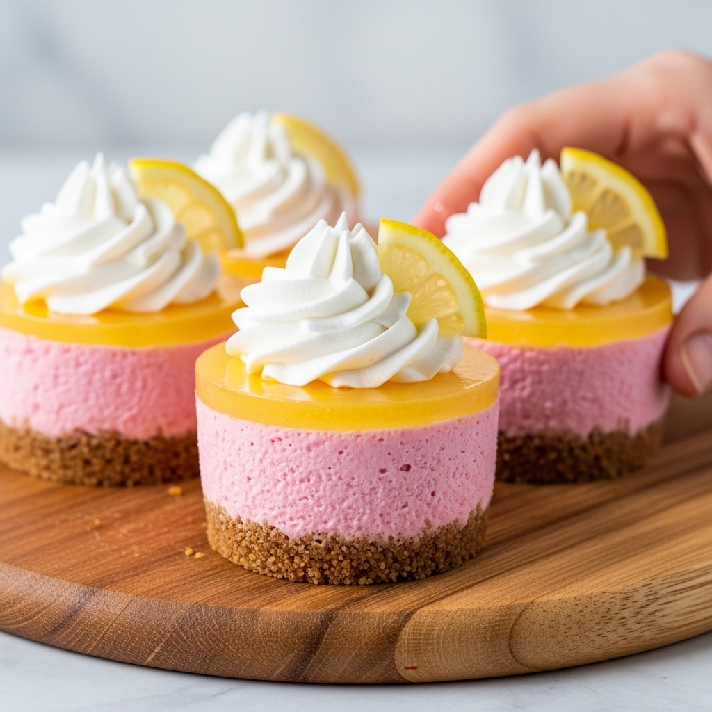 A close-up of three pink mini cheesecakes with a crumbly brown crust base, each topped with a thick layer of smooth, glossy lemon jelly. Above the jelly sits a swirl of white whipped cream, soft and fluffy in texture, and each cheesecake is decorated with a small slice of lemon on the side. The cheesecakes are placed on a round wooden board with a slight grain texture, set on a white marbled surface in the background. The focus is sharp with a soft light, and a woman's hand is gently holding one cheesecake on the side. photo taken with an iphone --ar 4:5 --v 7