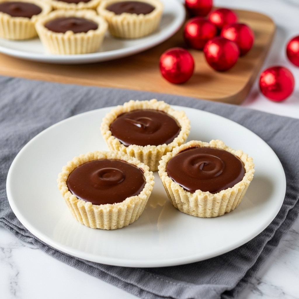 The image shows three small cookie cups placed on a white plate over a white marbled surface. Each cookie cup acts as a golden-brown shell with a rough, crumbly texture and is shaped like a small bowl. Inside each cookie cup, there is a single dark brown, smooth, and round chocolate candy with scalloped edges, sitting neatly in the center of the cup. The overall arrangement is simple and clean, highlighting the contrast between the light cookie and the dark chocolate. Photo taken with an iphone --ar 4:5 --v 7