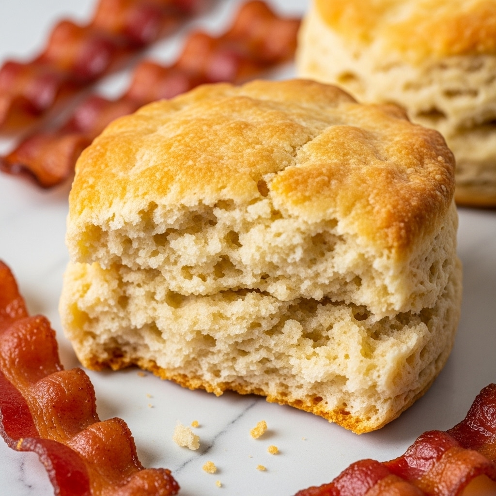 A close-up view of a broken biscuit showing its soft, fluffy inside with a slightly crispy golden-brown outside layer. The biscuit is in the center with its crumbly texture clearly visible. Around the biscuit, there are scattered crispy bacon strips with a reddish-brown color. The background shows a white marbled texture. photo taken with an iphone --ar 4:5 --v 7