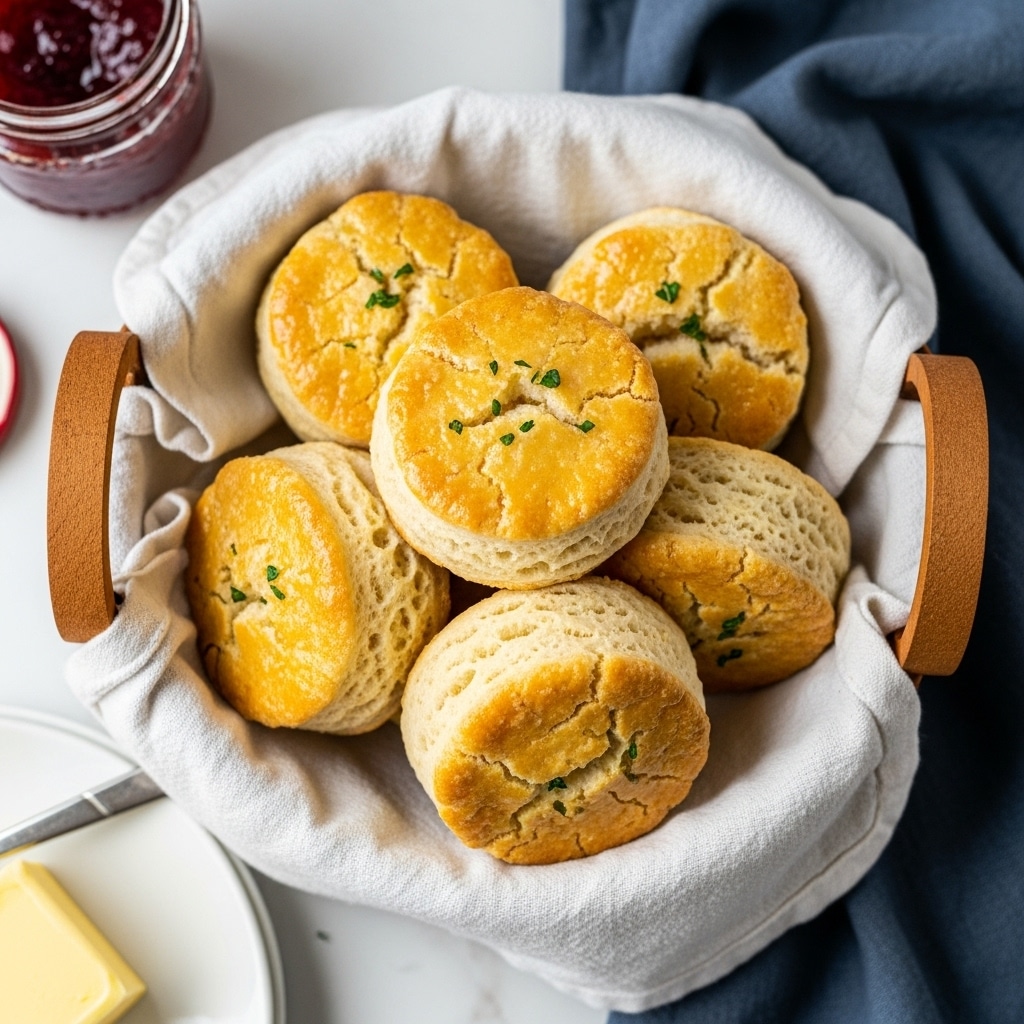 A small basket lined with a soft white cloth holds five golden brown biscuits stacked in a loose pile, showing a slightly cracked and flaky texture with a shiny surface from a light glaze. Small green herb pieces are scattered lightly on the biscuits. The basket has wooden handles and sits on a white marbled surface. Around it are parts of a white plate holding a stick of yellow butter and a jar with red jam, partially visible. A dark blue linen cloth adds a touch of color behind the basket. Photo taken with an iphone --ar 4:5 --v 7
