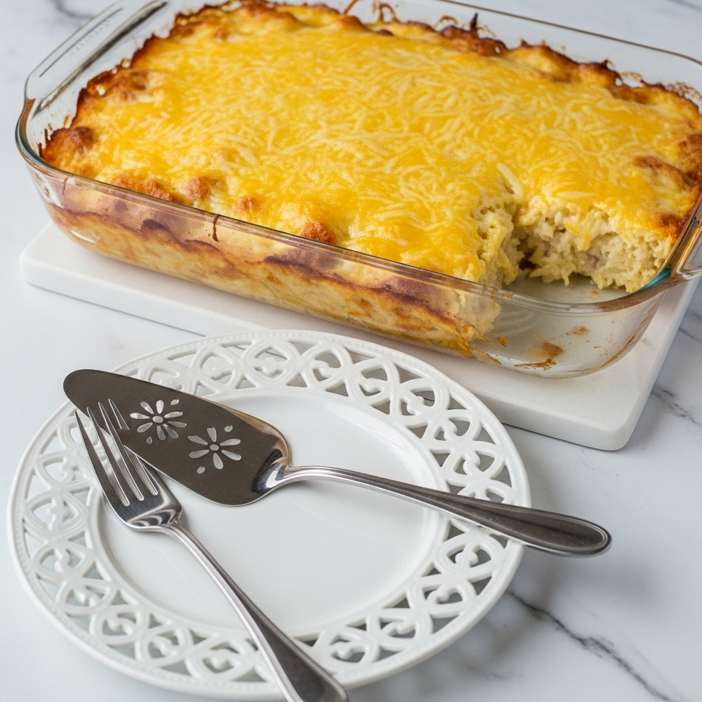 The dish shows a layered casserole served on a white plate with a blue floral rim. The bottom layer is creamy, white, soft pasta or potato pieces mixed with cheese. Above that is a golden-brown melted cheese layer that looks slightly crispy on top. Green chopped scallions are sprinkled on top, adding brightness. A dollop of smooth white sour cream sits on the center. A fork lifts one piece from the plate, showing the chewy cheesy texture inside. The plate is on a white marbled surface with a blue cloth napkin blurred in the background. Photo taken with an iphone --ar 4:5 --v 7