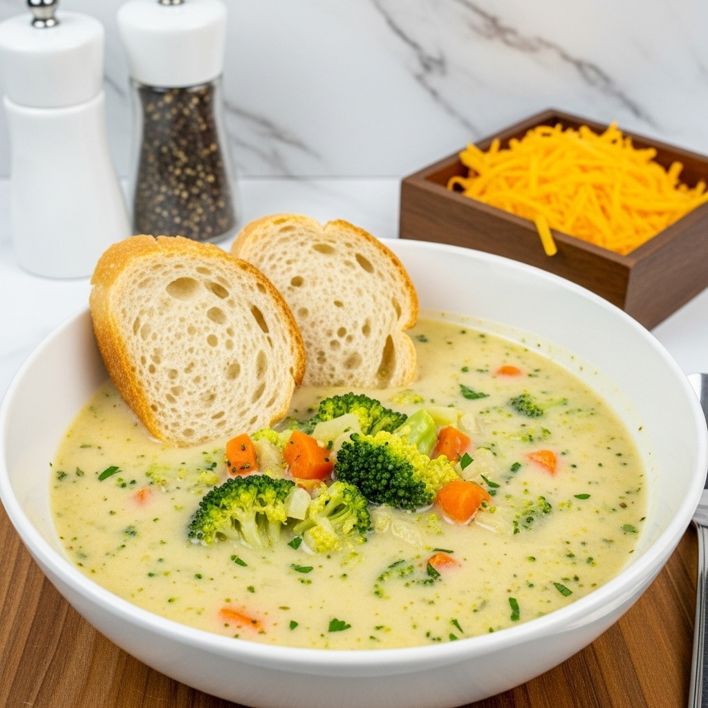 A white bowl filled with creamy, light yellow soup that has small pieces of green broccoli, orange carrot, and herbs visible throughout. Two slices of crusty light brown bread are placed in the soup, slightly leaned against the side of the bowl. The bowl sits on a wooden surface with a white marbled texture in the background. Behind the bowl, there are white salt and black pepper shakers, and a wooden box holding bright yellow shredded cheese. Photo taken with an iphone --ar 4:5 --v 7