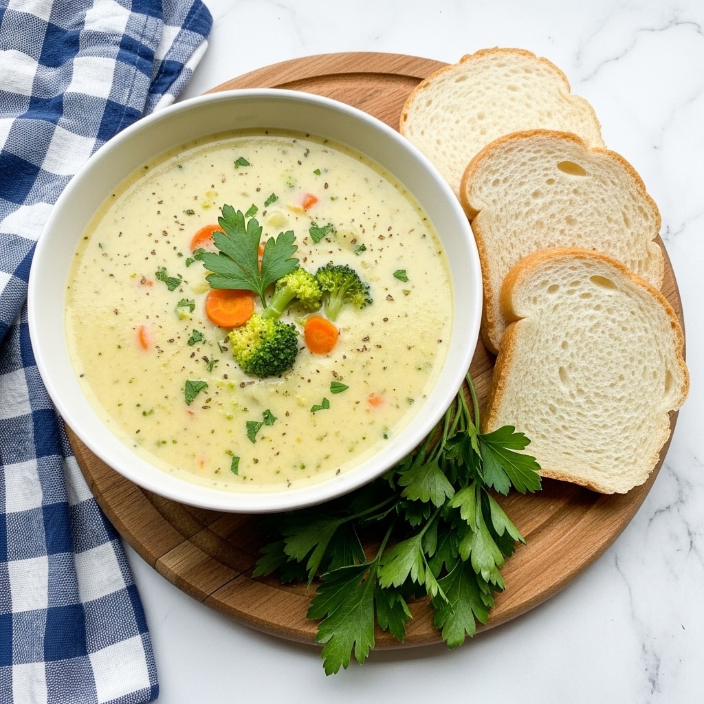 A white bowl filled with creamy pale yellow soup with visible bits of green broccoli, small orange carrot pieces, and herbs floating throughout, topped with a few parsley leaves for garnish. The bowl is placed on a round wooden board with fresh green parsley sprigs beside it. To the right on the board, three slices of light tan bread with soft texture rest side by side. A blue and white checkered cloth is partially visible on the left edge of the frame. The whole setup sits on a white marbled textured surface. Photo taken with an iphone --ar 4:5 --v 7