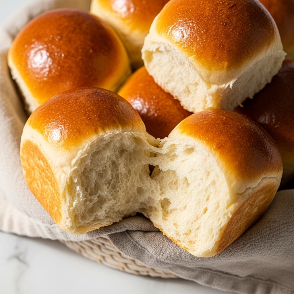 The image shows six soft, golden brown dinner rolls tightly placed together in a clear glass baking dish. Each roll has a smooth, shiny top with a rich brown color and a slightly glossy texture, indicating they are freshly baked. The sides of the rolls are a lighter golden shade, softly blending with the tops. The clear glass dish reveals the soft, light interior of the rolls beneath the crust. The dish is set against a white marbled textured background. photo taken with an iphone --ar 4:5 --v 7