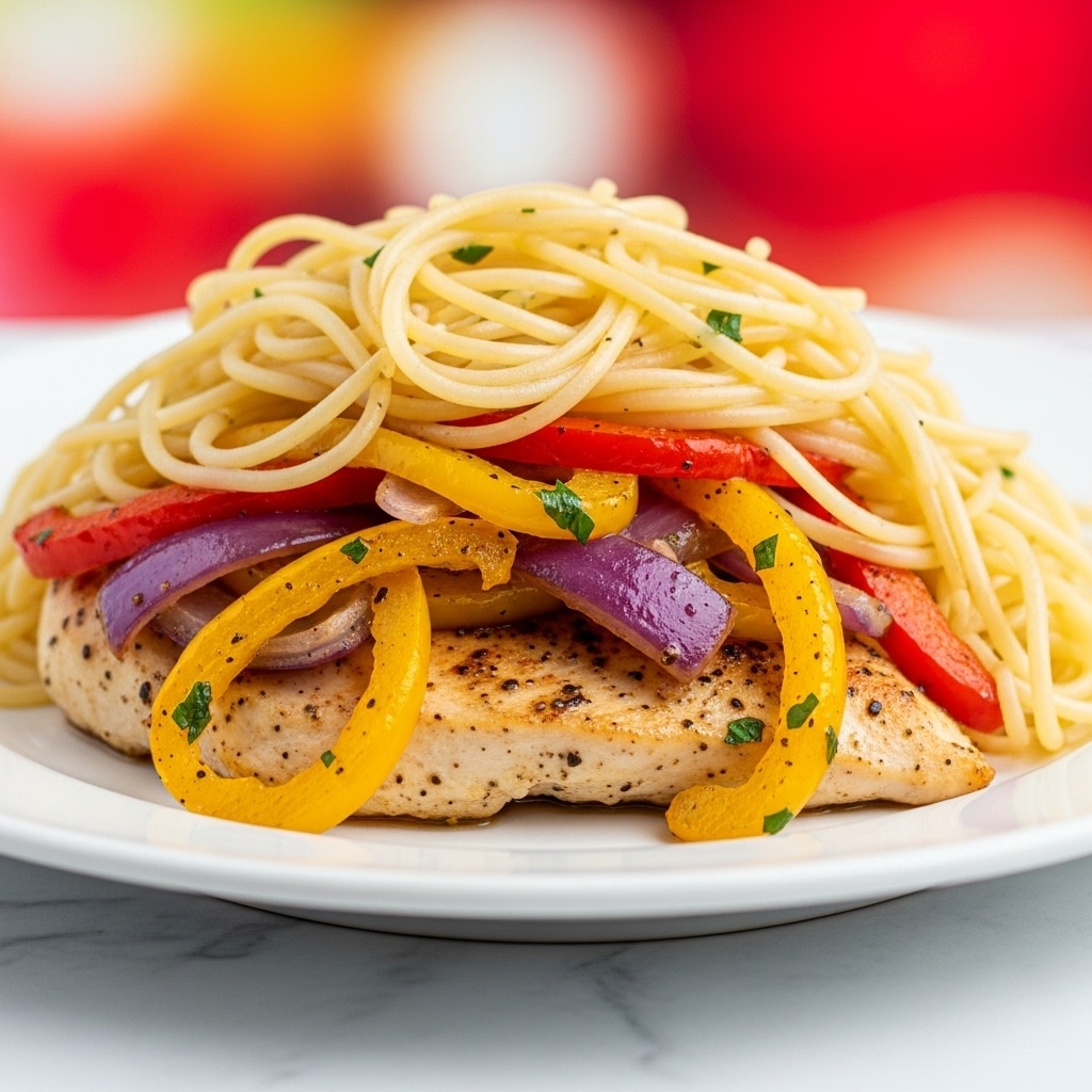 A light blue pot filled with four pieces of cooked chicken breasts placed in the center, topped with sliced yellow, red, and orange bell peppers along with thin strips of red onion. The chicken and vegetables are covered in a light sauce, garnished with small, chopped green herbs scattered over the dish. To the left of the pot, a white bowl holds cooked yellow spaghetti. Surrounding the pot are a red and an orange bell pepper, a bulb of garlic, a sliced lemon next to green herbs, and a blue cloth napkin lying on a white marbled texture surface. In the top right, a white plate with colorful floral designs holds a small piece of garlic. Photo taken with an iphone --ar 4:5 --v 7