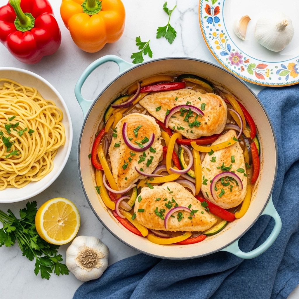 The dish shows a white plate holding a cooked piece of chicken breast as the main bottom layer, topped with a mix of cooked yellow and red bell pepper strips, and pieces of purple onion. On top and around the chicken and vegetables are long, light yellow spaghetti noodles, some resting on the plate edge. The vegetables have a slightly shiny, seasoned look with small green herb bits visible. The background is a soft blur of bright red and other warm colors, set on a white marbled surface. Photo taken with an iphone --ar 4:5 --v 7