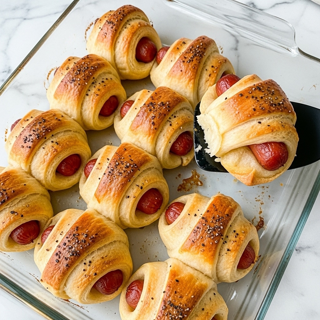 A white square plate holds many small crescent rolls wrapped around mini sausages. Each roll is golden brown with a crispy texture and speckled with black poppy seeds on top. The sausages peek out at one end, showing a reddish-brown color. The plate sits on a red cloth layered over a piece of burlap on a dark wooden surface, all against a white marbled background. photo taken with an iphone --ar 4:5 --v 7
