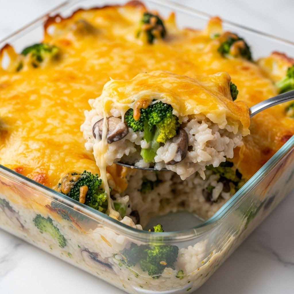A close-up of a baked casserole in a clear square glass dish, showing three main layers: a top layer of melted golden-yellow cheese with melted spots and slight browning, underneath a creamy white rice and broccoli mix with green broccoli florets and small mushrooms, and a base layer of creamy sauce mixed with rice and vegetables. A metal spoon is scooping a portion from the dish, lifting the layers with visible textures of soft cheese and broccoli pieces. The dish is placed on a white marbled surface. Photo taken with an iphone --ar 4:5 --v 7