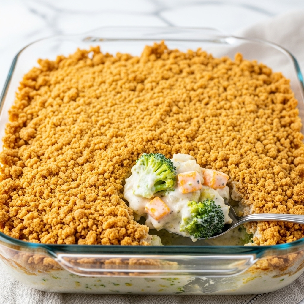 The image shows a glass baking dish filled with a broccoli casserole topped with a thick, golden-brown crumb layer. The top crispy crust is made of small, uneven crumbs that cover the entire surface with a slightly rough texture. A spoon is scooping out a portion, revealing the creamy inside that is mixed with bright green broccoli florets and chunks of white cheese or sauce underneath the crunchy crust. The casserole appears thick and rich, with layers of creamy and crunchy textures. The dish rests on a piece of olive-green fabric on a white marbled texture background. Photo taken with an iphone --ar 4:5 --v 7
