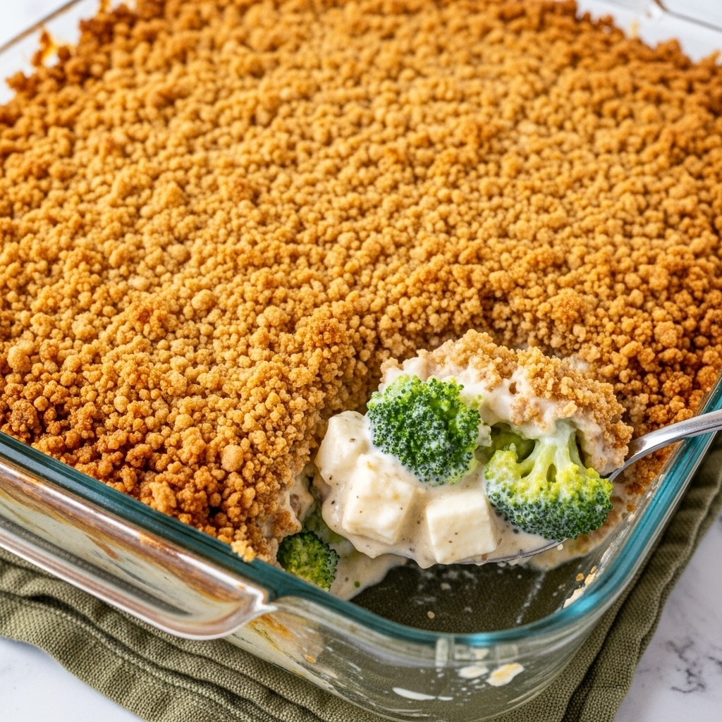 A square clear glass baking dish filled with a creamy casserole topped with a golden-brown crumb layer that looks crunchy. A spoon scoops a portion from the center, showing green broccoli pieces mixed with a thick, white sauce and light orange cheese chunks inside. The crumb topping is evenly spread and crumbly in texture, with some crumbs falling onto the edges of the dish. The background is a white marbled surface with a soft cloth underneath the dish. Photo taken with an iphone --ar 4:5 --v 7