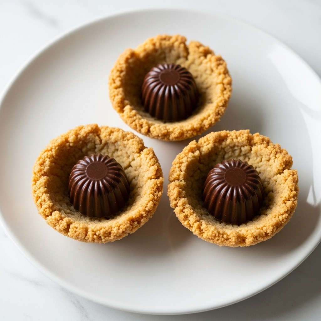 A white plate holds three small round cups made from a light-colored crumbly crust, each filled with a smooth, shiny, dark chocolate layer inside a ridged paper liner. Behind this plate is a white plate with more of these cups partially visible, and nearby are several small round candies wrapped in bright red foil. The items rest on a wooden board over a gray cloth, all placed on a white marbled surface. photo taken with an iphone --ar 4:5 --v 7