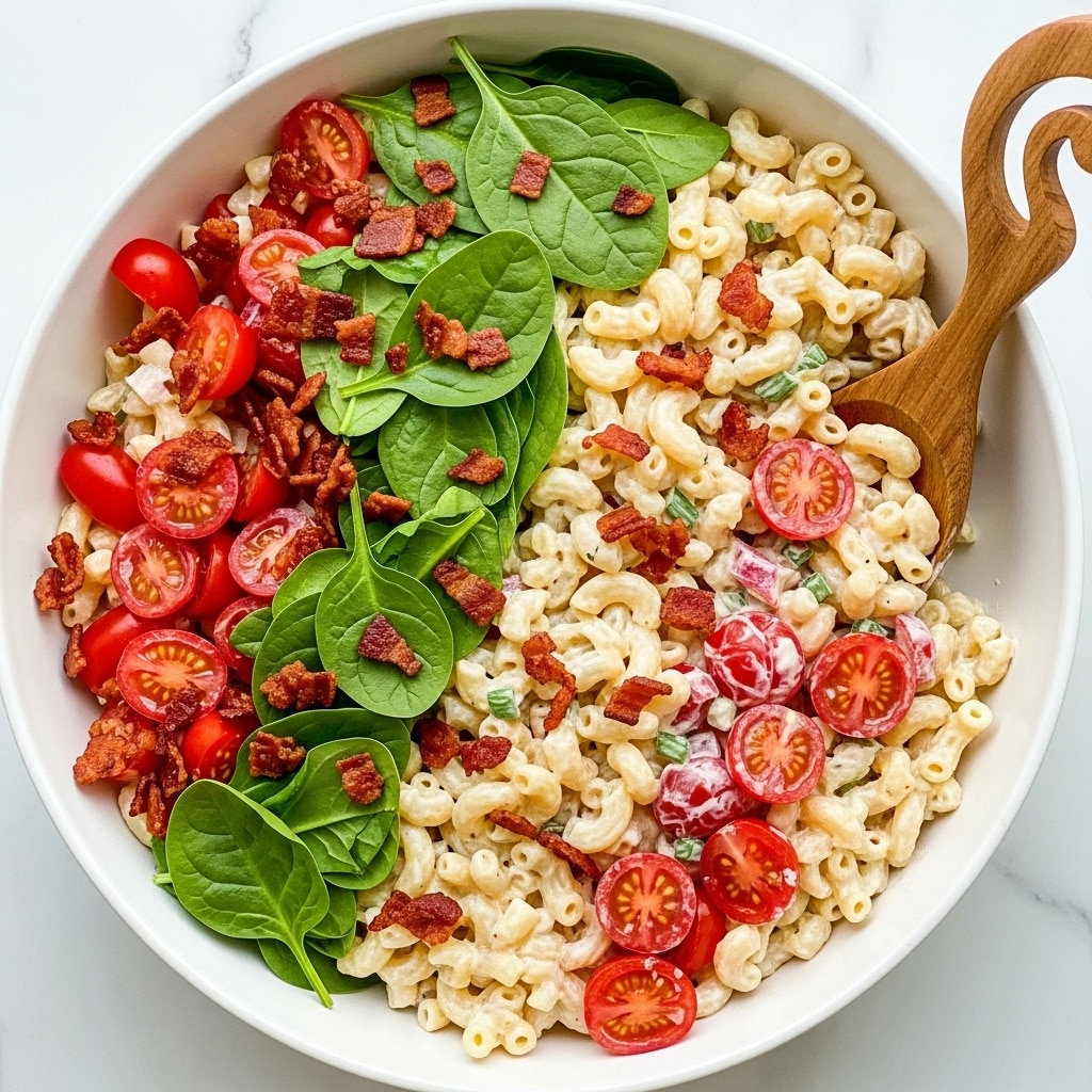 A white bowl filled with creamy macaroni salad showing three main layers: the curved, pale beige macaroni pasta forms the base and bulk, scattered throughout are bright red cherry tomato halves adding pops of color, and fresh green spinach leaves layered evenly giving a fresh contrast. Mixed in are small bits of crispy bacon with a deep reddish-brown color evenly spread on the top and throughout. The salad is creamy and thick, with a smooth texture binding all ingredients together. A wooden spoon with a curvy shape is in the bowl, as if ready to serve the salad. The background is a clean white marble surface. photo taken with an iphone --ar 4:5 --v 7