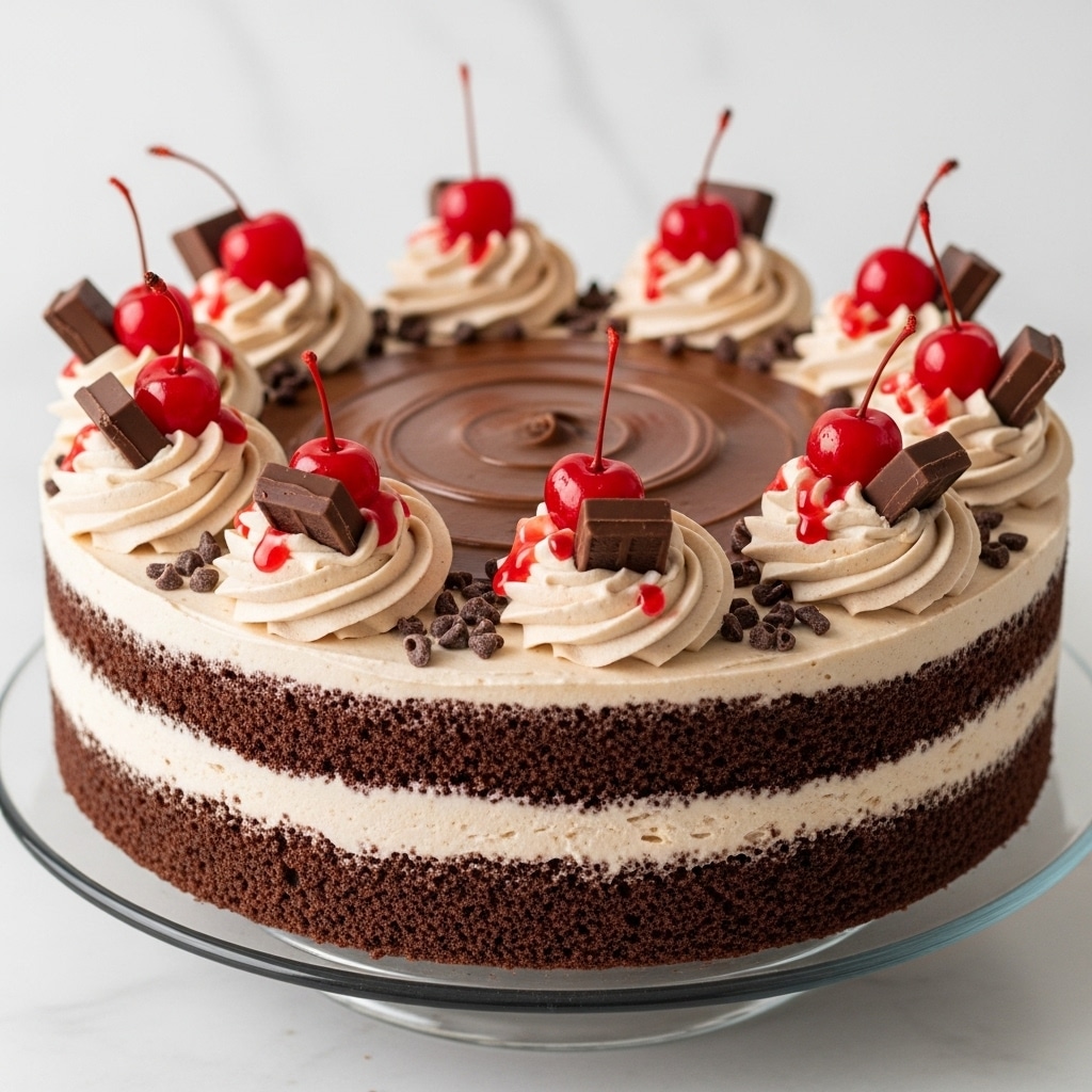 A round cake with two visible layers: a bottom layer of dense dark brown crumb and a thick top layer of creamy light brown frosting. The top surface is covered with smooth, shiny chocolate spread in the center. Around the edge, there are swirls of light brown whipped cream, each topped with a glossy red cherry and a chunk of dark chocolate. Small chocolate bits are scattered on the top and sprinkled around the chocolate center. The cake sits on a clear glass stand, placed on a white marbled surface. photo taken with an iphone --ar 4:5 --v 7