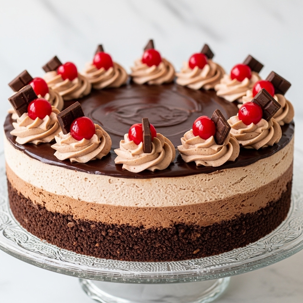 The image shows a rich chocolate cake with three layers. The bottom layer is a crumbly dark chocolate base that looks rough and textured. The middle layer is thick and creamy, light brown with a smooth, mousse-like appearance. The top layer is a glossy, dark chocolate ganache spread evenly with a shiny finish. Around the edge of the cake, there are swirls of light brown chocolate cream, each topped with a piece of dark chocolate and a bright red cherry. The cake sits on a detailed glass cake stand on a white marbled surface. photo taken with an iphone --ar 4:5 --v 7
