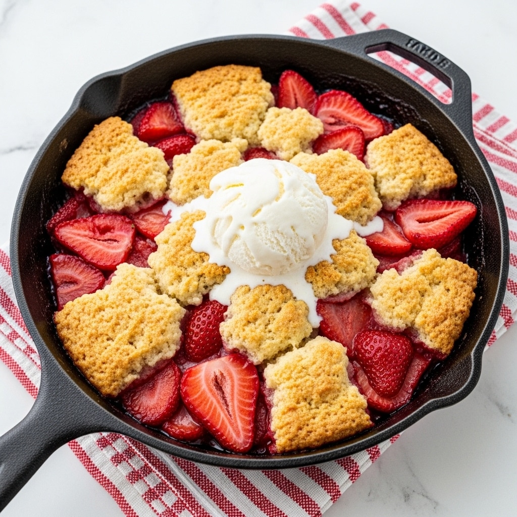 A black cast iron skillet filled with a freshly baked strawberry cobbler, showing a golden brown, crumbly biscuit layer that covers part of the dish with an uneven surface. Bright red, sliced strawberries with a shiny, juicy texture fill the spaces between the biscuit pieces. On top, a round, white scoop of melting vanilla ice cream sits in the center, creating a slight drizzle down onto the fruit and biscuit layers. The skillet rests on a folded red and white striped cloth, placed on a white marbled surface. Photo taken with an iphone --ar 4:5 --v 7