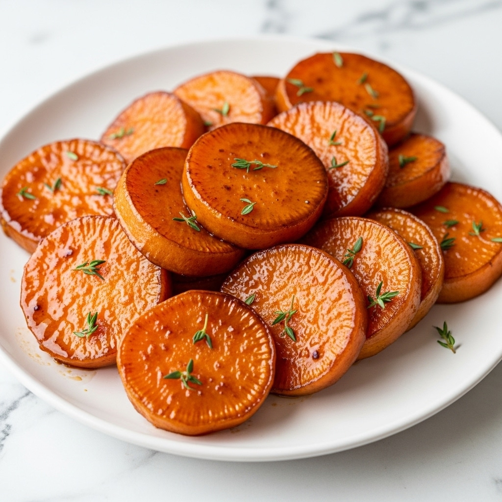 A close-up image showing a white scalloped bowl filled with several thick slices of glazed sweet potatoes. The sweet potato slices are bright orange, shiny, and coated in a thick, glossy caramel-like sauce. Small green herb flakes, possibly rosemary, are sprinkled on top and on the sides of the slices. The bowl is sitting on a wooden surface with a blurred warm-toned background. photo taken with an iphone --ar 4:5 --v 7