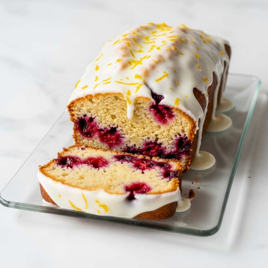 A loaf cake cut into several thick slices sits on a hammered copper tray against a white marbled background. The cake has a light brown color with visible dark red berry pieces scattered throughout the soft crumb. A smooth white glaze is drizzled over the top and down the sides, pooling slightly at the base. Thin strips of bright yellow zest are sprinkled on top of the glaze, adding a pop of color. The overall texture of the cake looks moist and tender with a slightly crisp crust. photo taken with an iphone --ar 4:5 --v 7