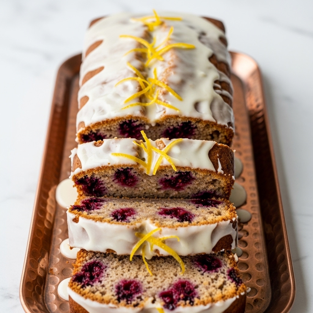 A loaf cake sits on a clear glass plate, placed on a white marbled surface. The cake has a golden-brown crust with visible red berries mixed inside the soft, light yellow crumb. The top is covered with a thick layer of white icing that drips over the sides and is sprinkled with small bright yellow zest pieces, adding a pop of color. A slice of the cake is cut and laid in front, showing the moist texture and berry distribution inside. photo taken with an iphone --ar 4:5 --v 7