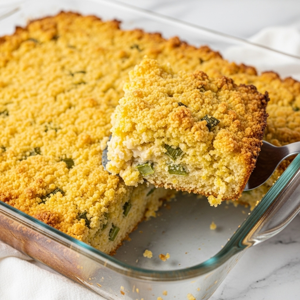 The image shows a close-up of a golden-brown baked dish in a white ceramic rectangular baking dish. The top layer is crumbly and crispy with uneven peaks and ridges, giving a rough texture. Inside, the dish reveals a soft, moist, and pale yellow interior with a slightly coarse crumb structure. The lighting highlights the warm tones and the texture contrast between the crunchy top and tender inside. The background is a white marbled surface. photo taken with an iphone --ar 4:5 --v 7