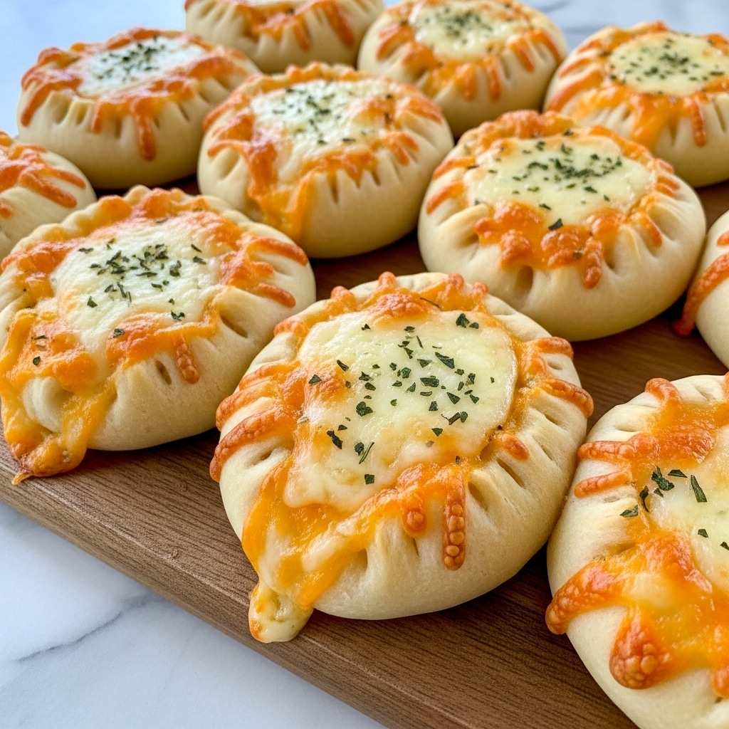 A wooden board holds several cheesy baked pockets arranged closely together. Each pocket has a golden-brown crust with slightly crispy edges and melted cheese bubbling on top, showing light orange and white melted layers mixed with herbs sprinkled finely. The crust's texture is soft yet firm, with the cheese oozing slightly at the sides. The board rests on a white marbled surface. photo taken with an iphone --ar 4:5 --v 7