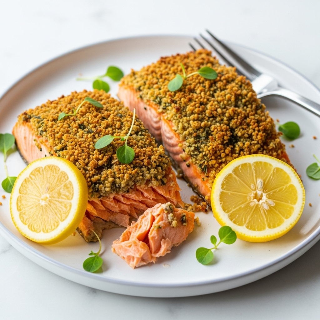 Two pieces of cooked salmon with a crispy golden-brown crust sit on a white plate with a light rim. The top layer of the salmon shows a crunchy texture with visible herbs and seasoning. Beneath, the salmon flesh is bright orange-pink and flaky. There are two lemon wedges on the plate, one partly under a piece of salmon and the other next to it, showing bright yellow skin and juicy, sliced interior. Small green herb leaves are scattered around the salmon, adding a fresh touch. A silver fork rests on the edge of the plate, and the whole setup is on a white marbled surface. photo taken with an iphone --ar 4:5 --v 7