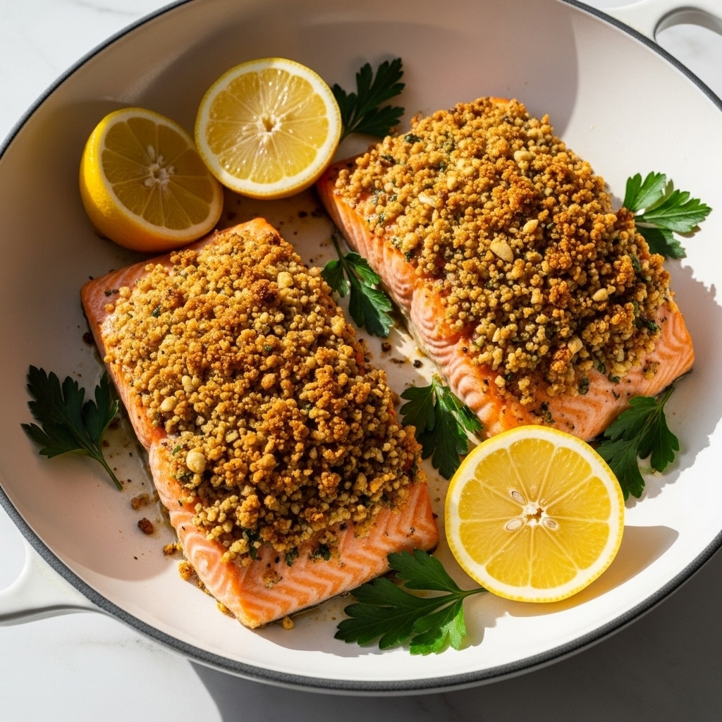 Two thick salmon fillets with crispy golden-brown crust on top sit side by side in a white pan, garnished with green parsley leaves scattered around and several bright yellow lemon slices placed over and beside the fish. The salmon flesh is pink and flaky, with a crunchy topping that has small bits giving a textured look. The pan is placed on a white marbled surface with soft natural light highlighting the juicy texture and seasoning details. Photo taken with an iphone --ar 4:5 --v 7