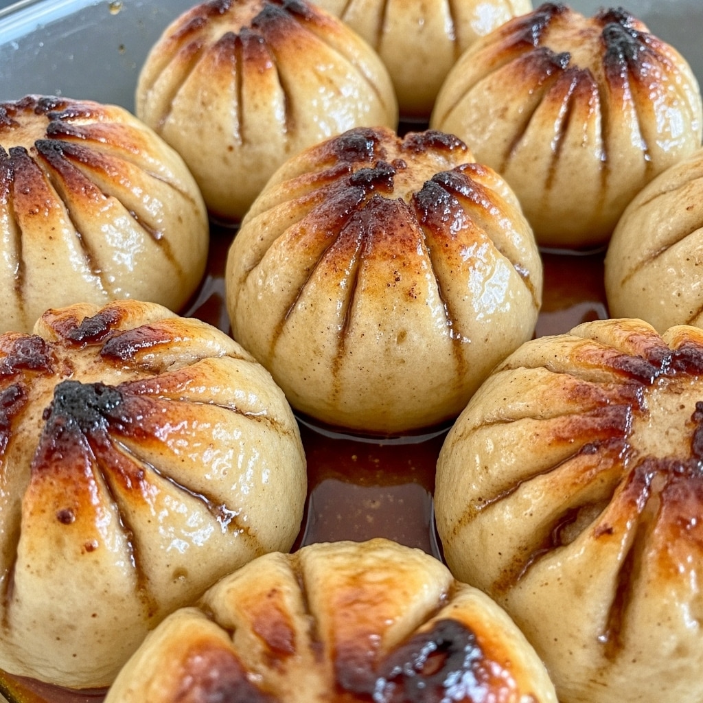The image shows several round baked dumplings with a soft, golden-brown outer layer glistening with a sticky, amber-colored syrup. Each dumpling has a slightly wrinkled and uneven texture with some spots darker from caramelized sugar or cinnamon, sitting closely together in a clear glass baking dish. The syrup pools around them at the bottom, creating a glossy, thick layer that reflects light. The overall look is warm and gooey, with the dumplings slightly puffed and inviting. Photo taken with an iphone --ar 4:5 --v 7