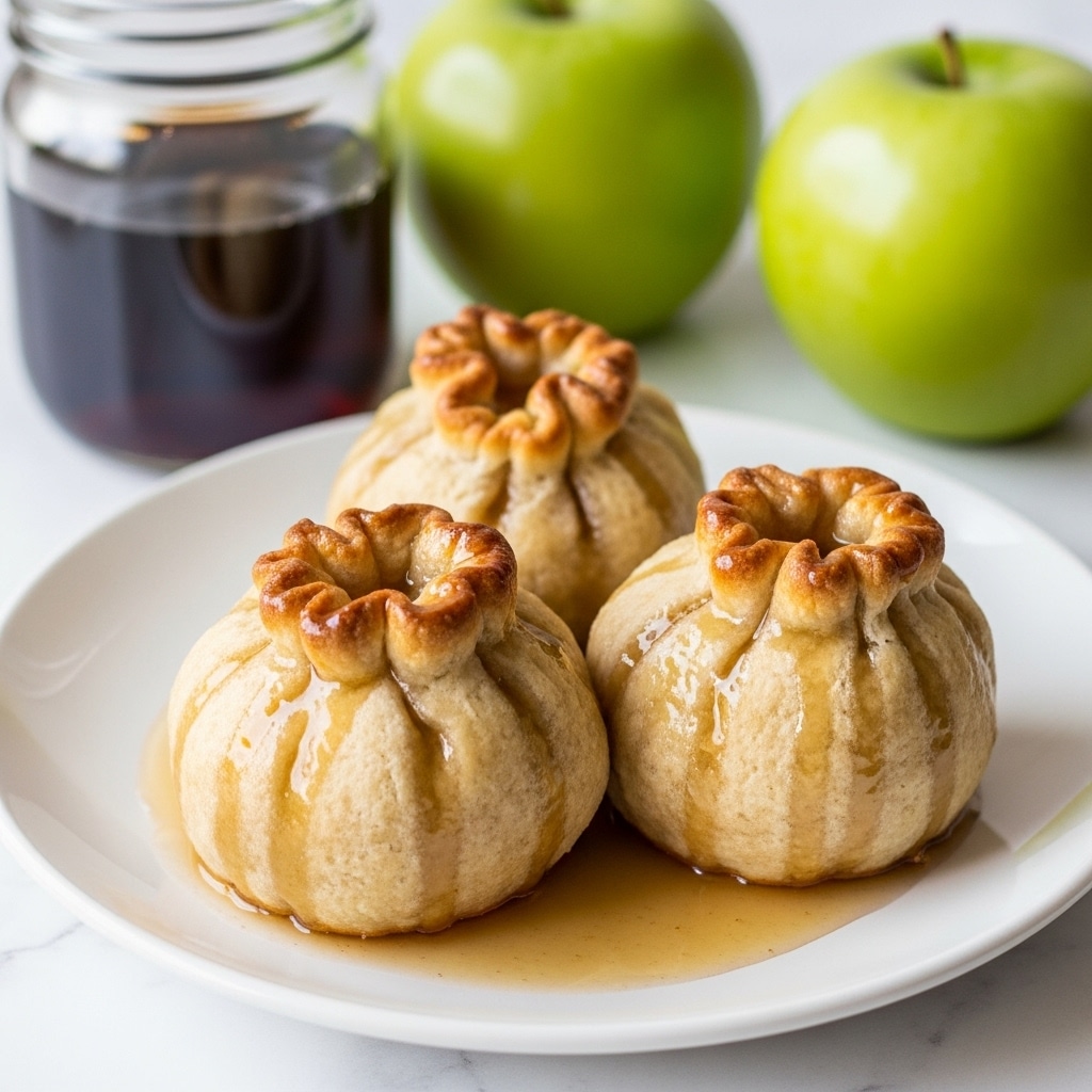 Three small baked apple dumplings are placed closely on a white plate. Each dumpling has a golden brown, slightly wrinkled crust with a shiny glaze of syrup dripping down the sides, pooling softly at the base. The dumplings are thick and round with folds of dough gathered at the top. Behind the plate, a clear glass jar filled with dark syrup is partly visible along with two bright green apples on a white marbled surface. The scene is bright and simple. Photo taken with an iphone --ar 4:5 --v 7