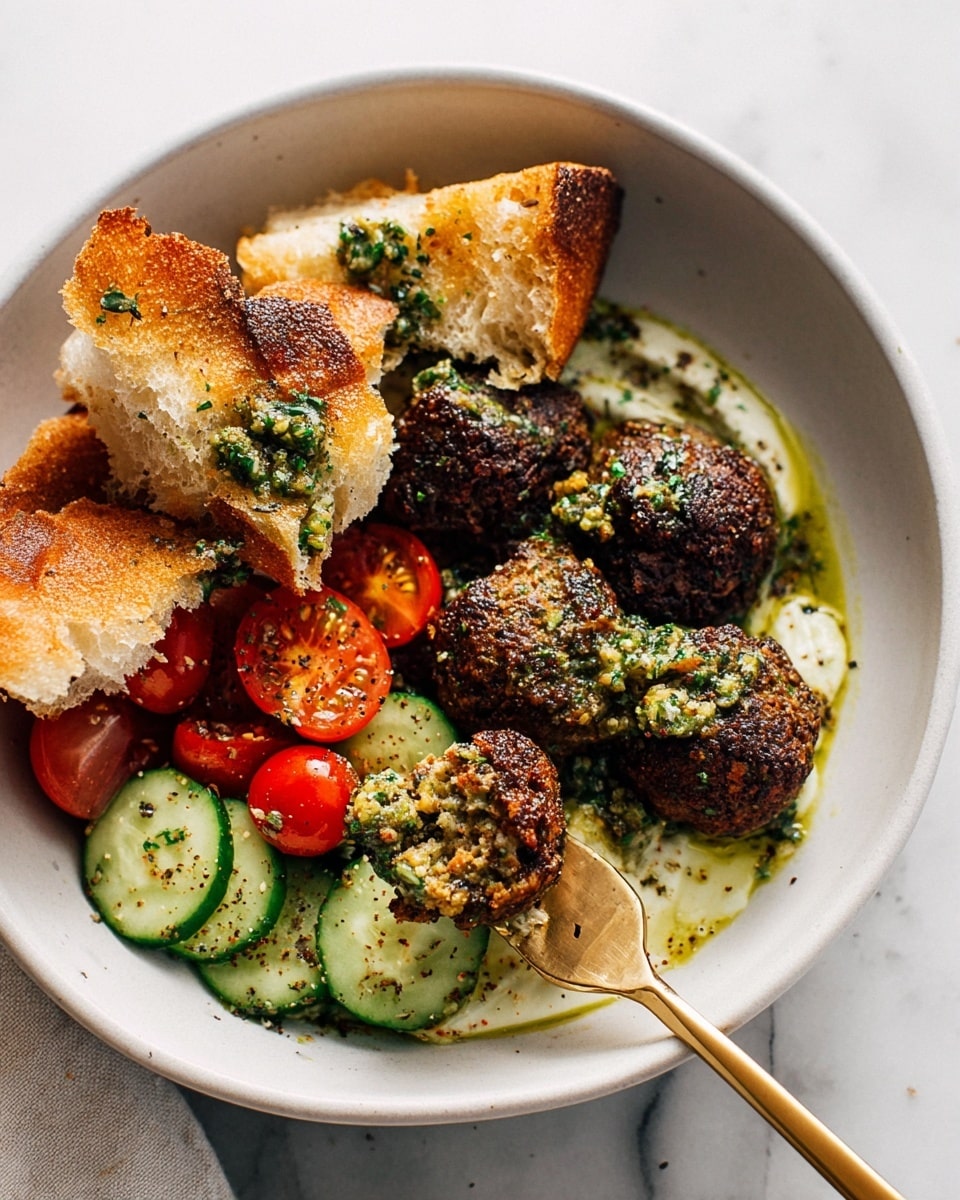 A white bowl on a white marbled surface holds a dish with three main parts. On the right, there are six dark brown falafel balls with a crispy texture, sitting on a light cream sauce drizzled with green herb oil. To the left, there are pieces of torn light brown bread, some dipped lightly in a green herb sauce with small bits of nuts or seeds. Below the bread, there is a fresh salad made of shiny red cherry tomato halves and bright green cucumber slices speckled with black pepper and finely chopped herbs. A gold fork is picking up one falafel ball from the bowl. Photo taken with an iphone --ar 4:5 --v 7